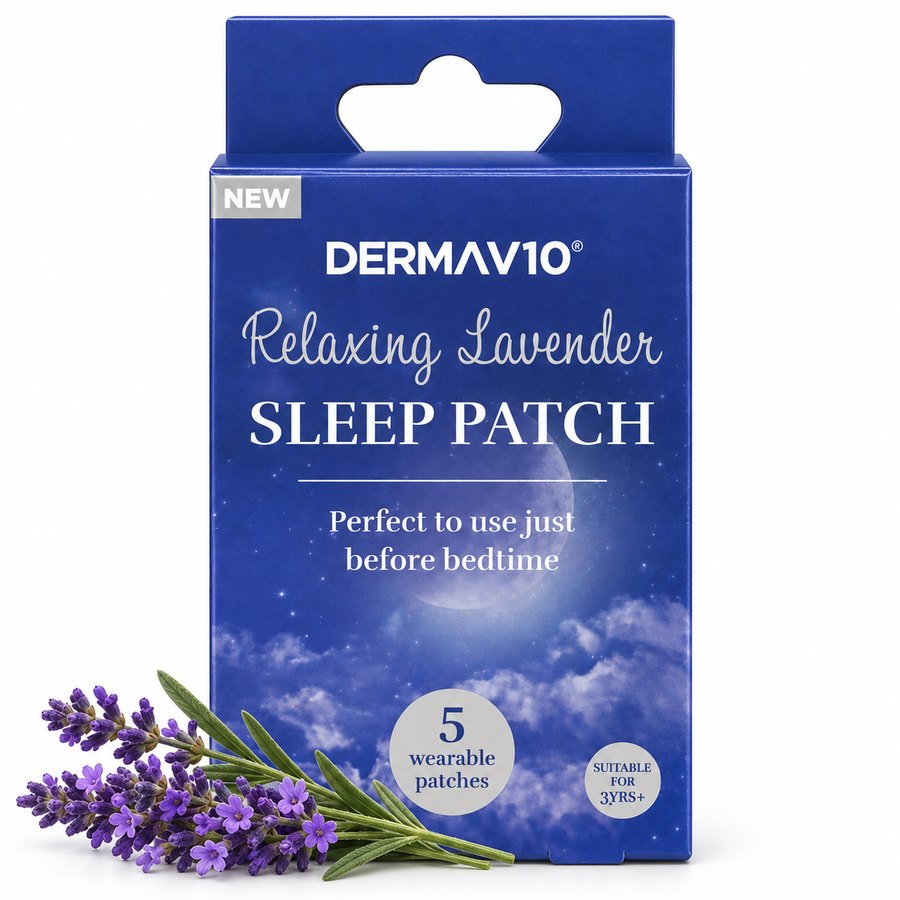 Derma V10 Relaxing Lavender Sleep Patch box with a sprig of lavender